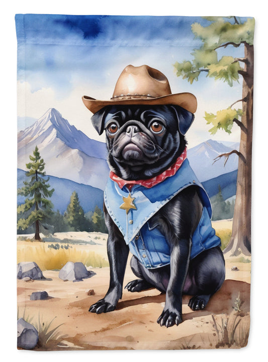 Pug Cowboy Welcome Garden Flag – Western Dog Yard Decor with Mountain Landscape