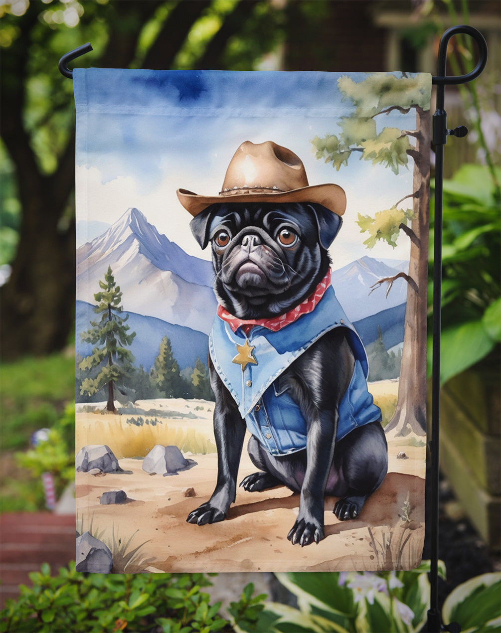 Pug Cowboy Welcome Garden Flag – Western Dog Yard Decor with Mountain Landscape