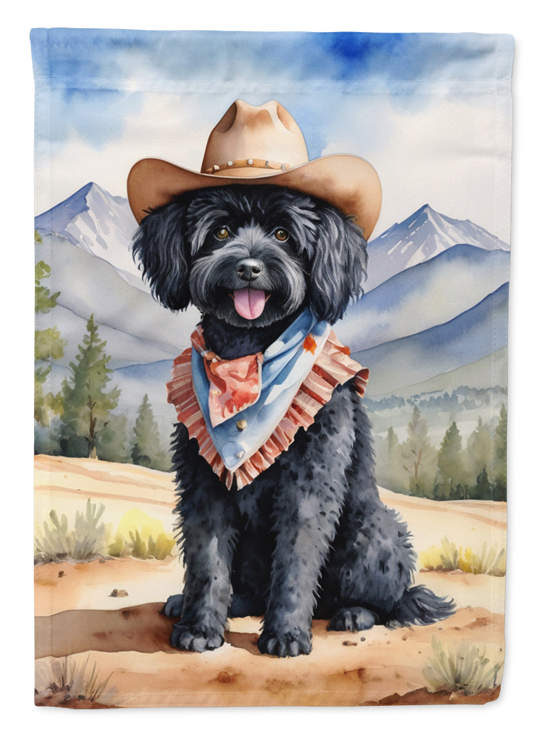 Puli Cowboy Welcome Garden Flag – Western Dog Yard Decor with Mountain Landscape