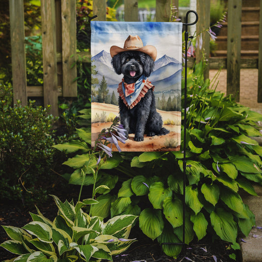 Puli Cowboy Welcome Garden Flag – Western Dog Yard Decor with Mountain Landscape