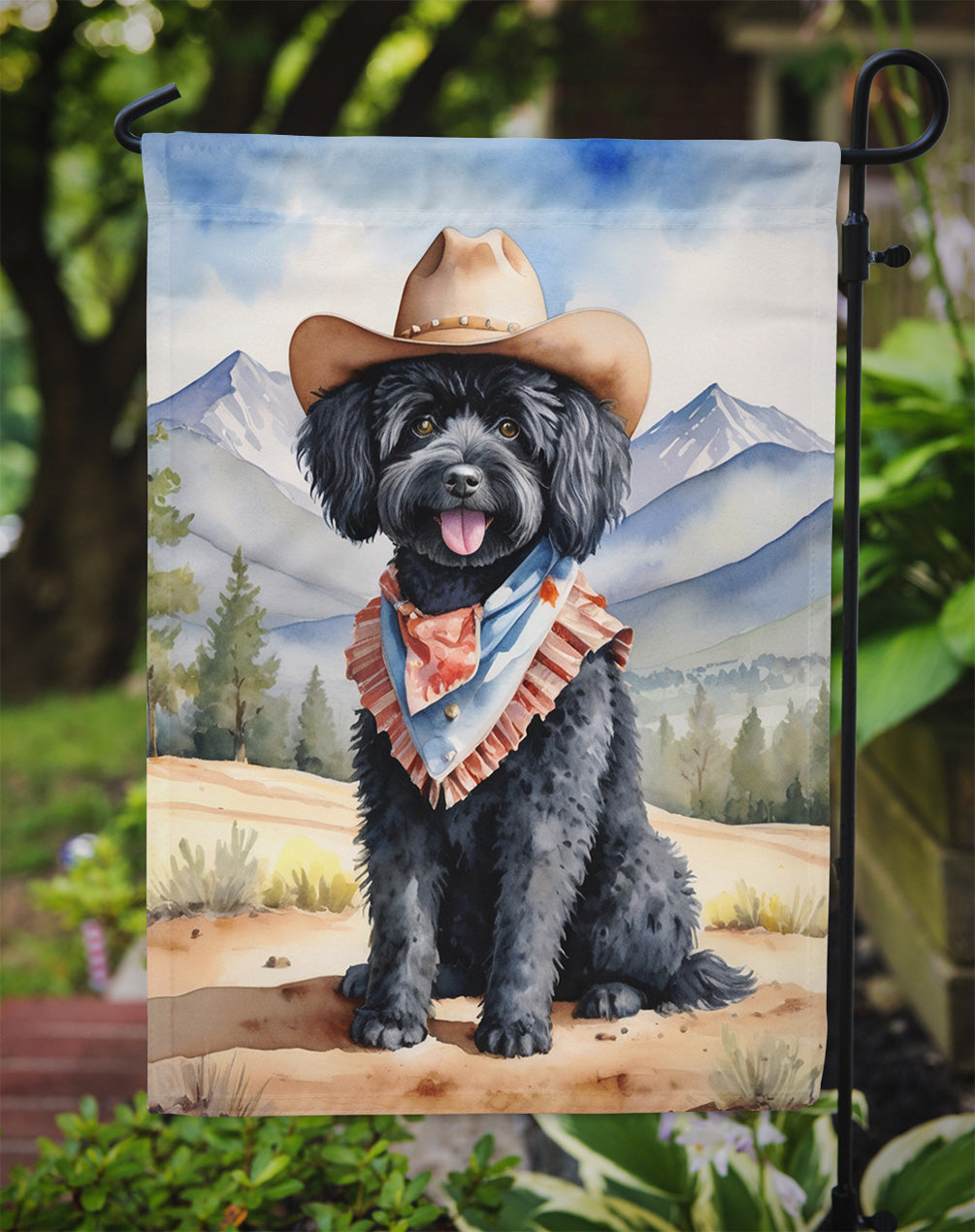 Puli Cowboy Welcome Garden Flag – Western Dog Yard Decor with Mountain Landscape
