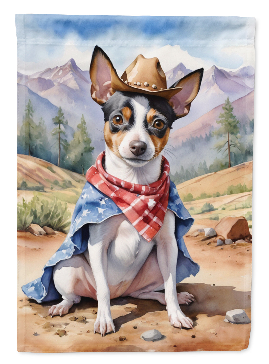 Rat Terrier Cowboy Welcome Garden Flag – Western Dog Yard Decor with Mountain Landscape