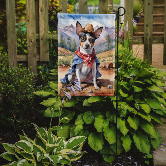 Rat Terrier Cowboy Welcome Garden Flag – Western Dog Yard Decor with Mountain Landscape
