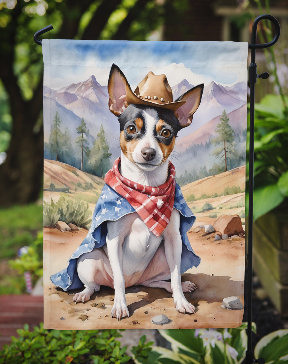 Rat Terrier Cowboy Welcome Garden Flag – Western Dog Yard Decor with Mountain Landscape