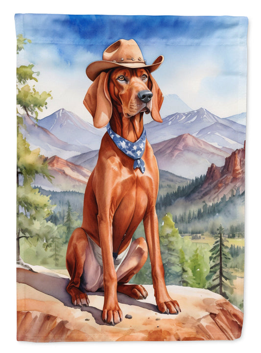 Redbone Coonhound Cowboy Welcome Garden Flag – Western Dog Yard Decor with Mountain Landscape