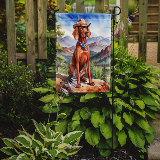 Redbone Coonhound Cowboy Welcome Garden Flag – Western Dog Yard Decor with Mountain Landscape