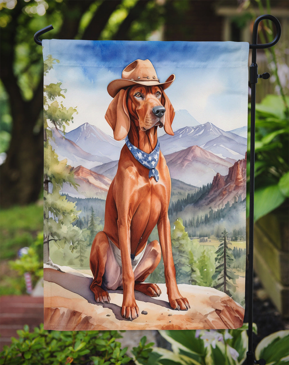 Redbone Coonhound Cowboy Welcome Garden Flag – Western Dog Yard Decor with Mountain Landscape