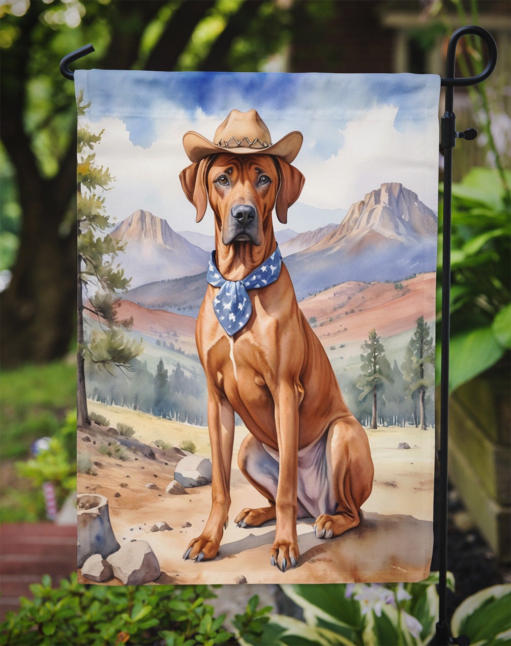 Rhodesian Ridgeback Cowboy Welcome Garden Flag – Western Dog Yard Decor with Mountain Landscape