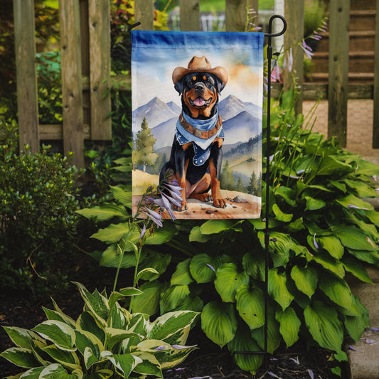 Rottweiler Cowboy Welcome Garden Flag – Western Dog Yard Decor with Mountain Landscape