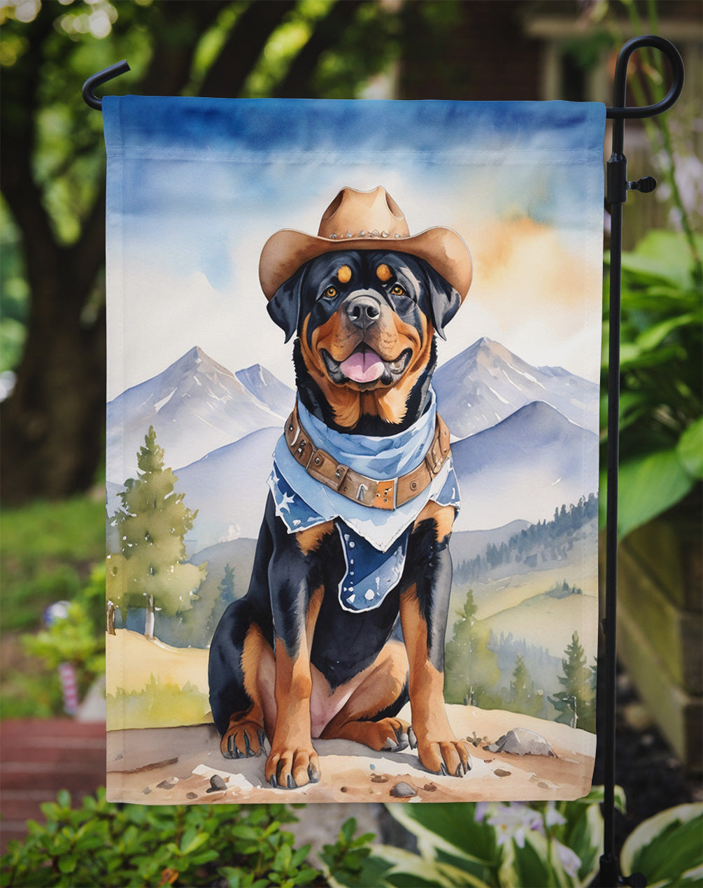 Rottweiler Cowboy Welcome Garden Flag – Western Dog Yard Decor with Mountain Landscape
