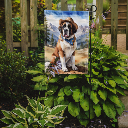 Saint Bernard Cowboy Welcome Garden Flag – Western Dog Yard Decor with Mountain Landscape