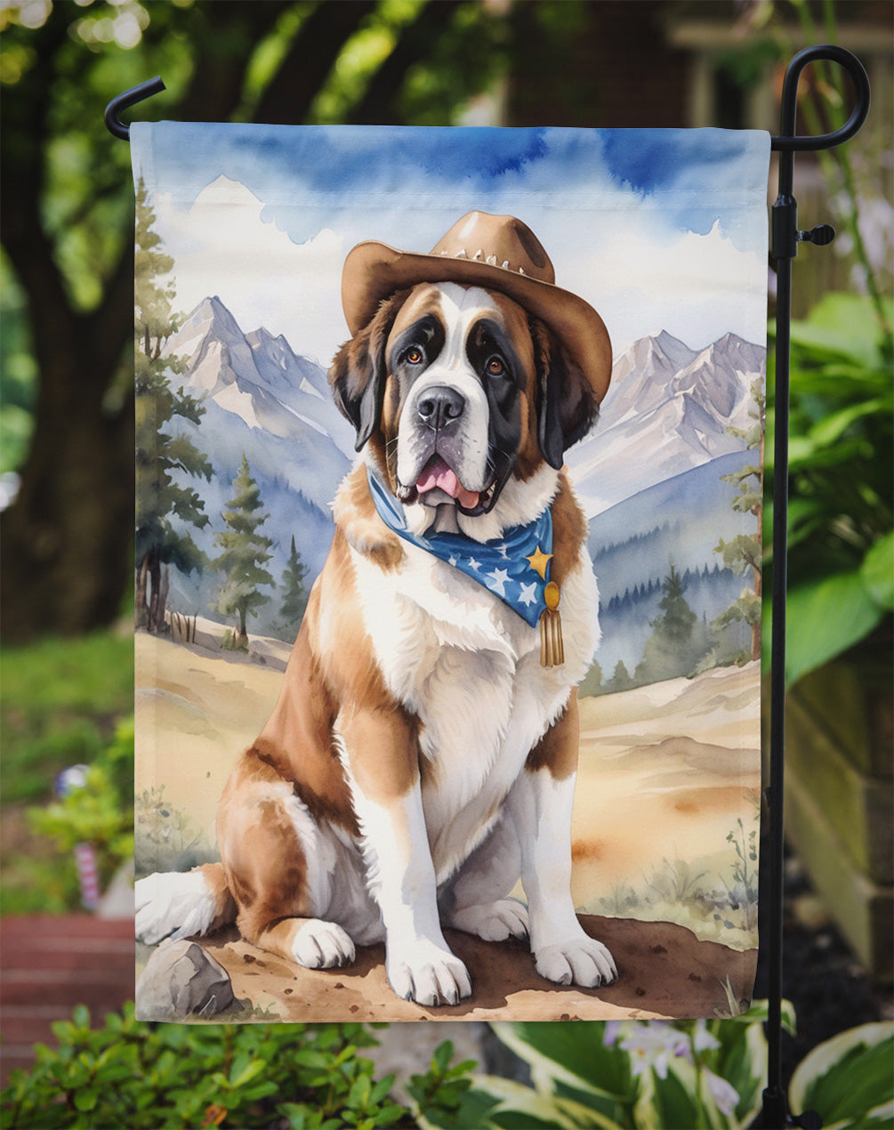 Saint Bernard Cowboy Welcome Garden Flag – Western Dog Yard Decor with Mountain Landscape