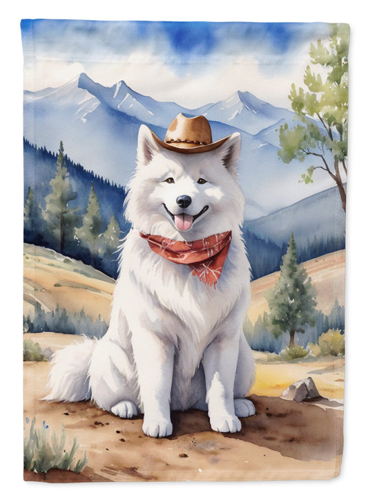Samoyed Cowboy Welcome Garden Flag – Western Dog Yard Decor with Mountain Landscape