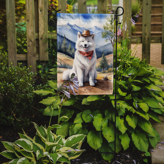 Samoyed Cowboy Welcome Garden Flag – Western Dog Yard Decor with Mountain Landscape