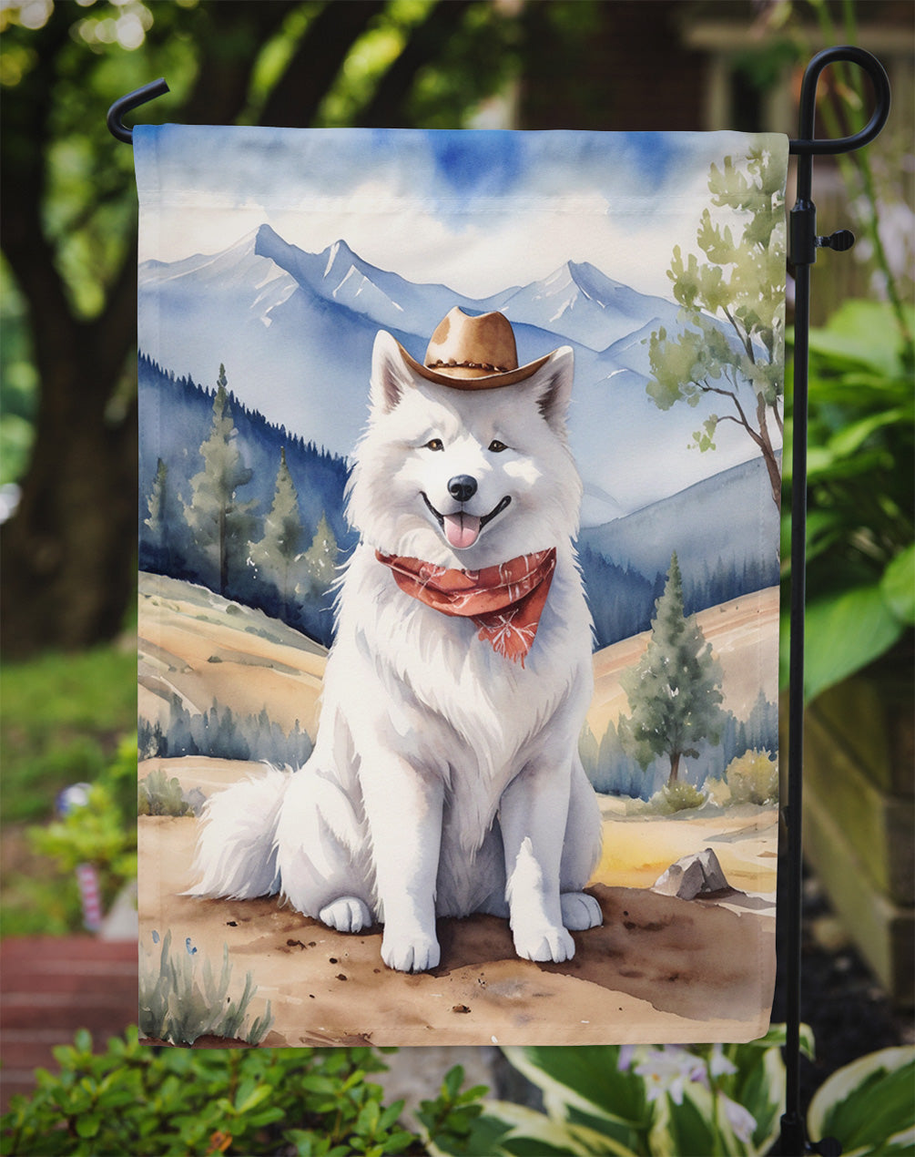 Samoyed Cowboy Welcome Garden Flag – Western Dog Yard Decor with Mountain Landscape