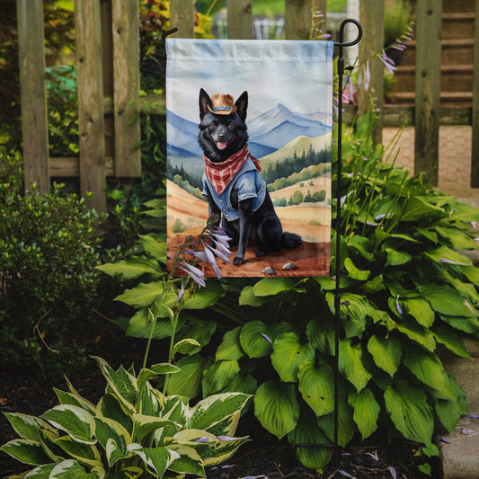 Schipperke Cowboy Welcome Garden Flag – Western Dog Yard Decor with Mountain Landscape