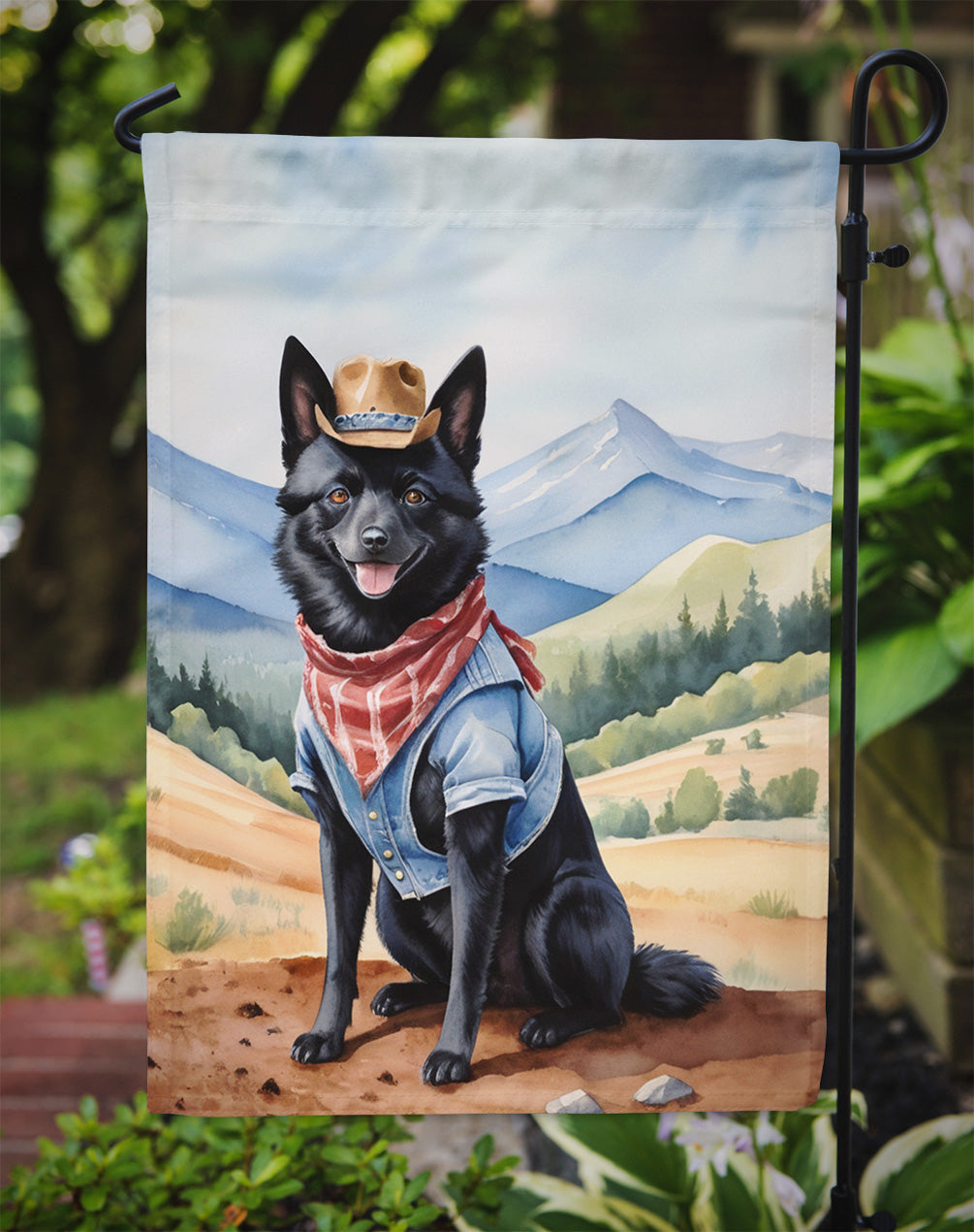 Schipperke Cowboy Welcome Garden Flag – Western Dog Yard Decor with Mountain Landscape
