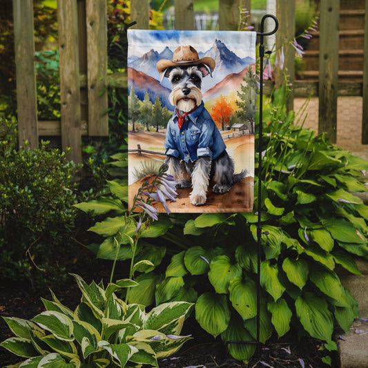 Schnauzer Cowboy Welcome Garden Flag – Western Dog Yard Decor with Mountain Landscape