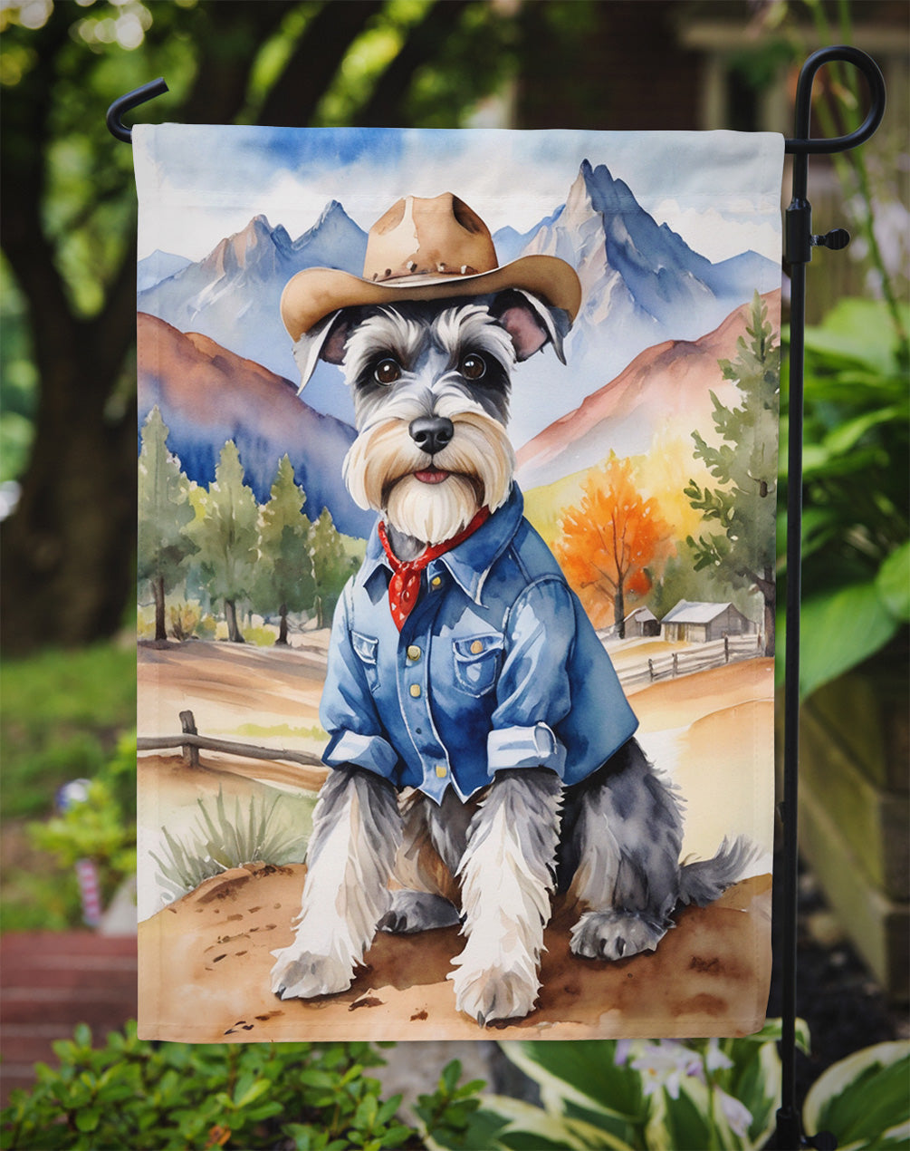 Schnauzer Cowboy Welcome Garden Flag – Western Dog Yard Decor with Mountain Landscape