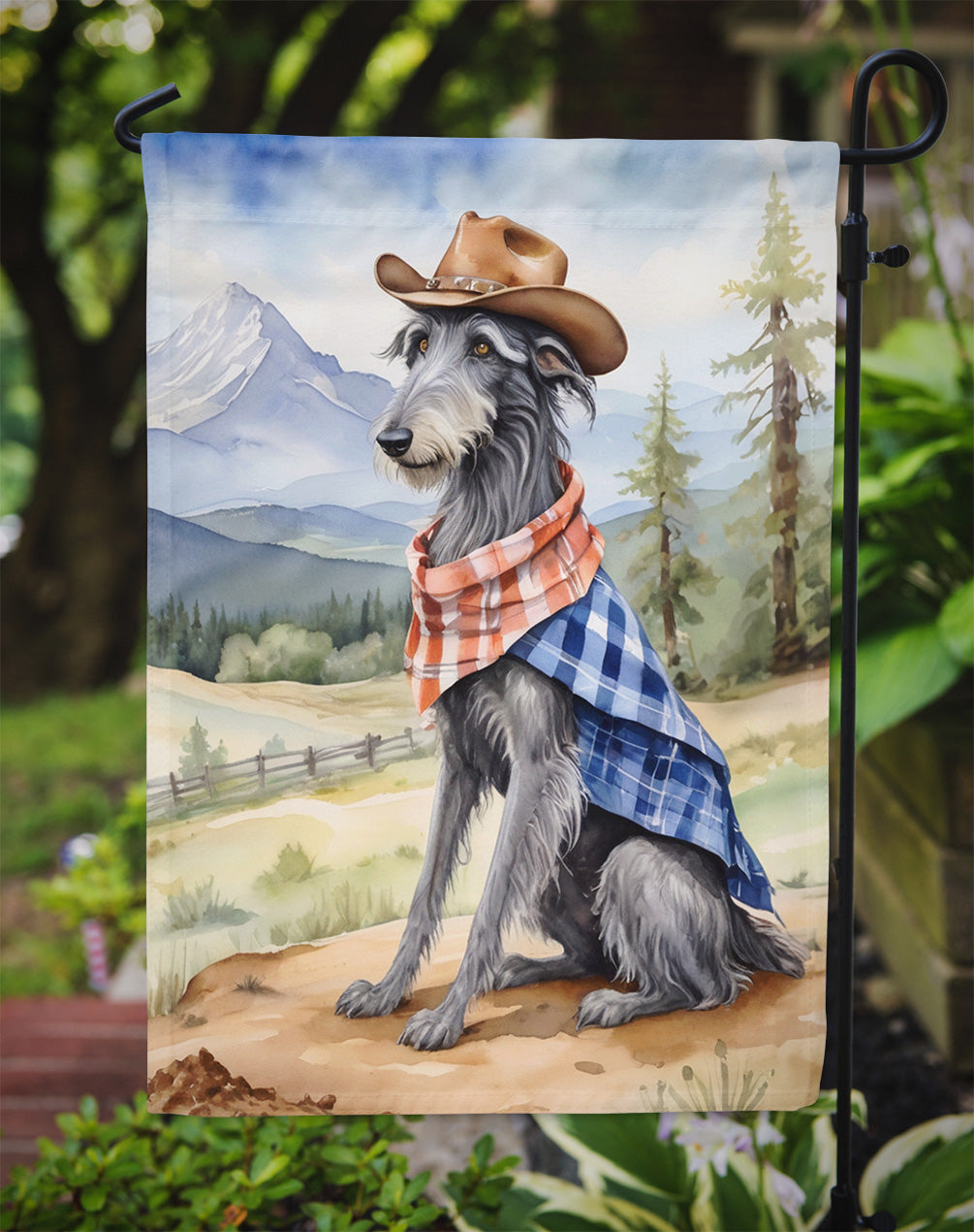 Scottish Deerhound Cowboy Welcome Garden Flag – Western Dog Yard Decor with Mountain Landscape