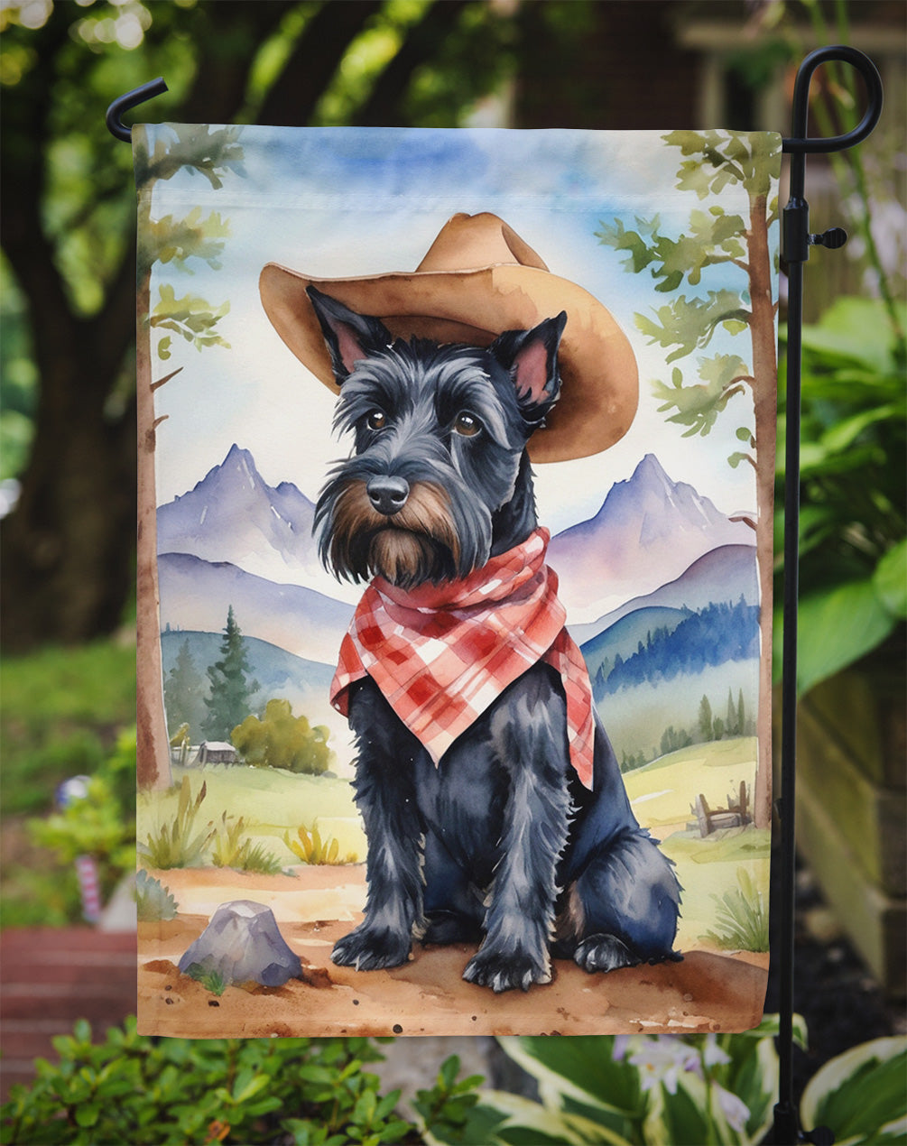 Scottish Terrier Cowboy Welcome Garden Flag – Western Dog Yard Decor with Mountain Landscape