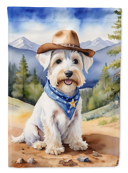 Sealyham Terrier Cowboy Welcome Garden Flag – Western Dog Yard Decor with Mountain Landscape