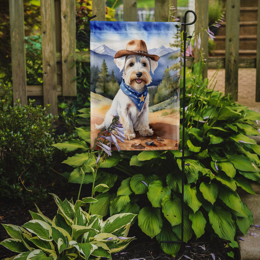 Sealyham Terrier Cowboy Welcome Garden Flag – Western Dog Yard Decor with Mountain Landscape