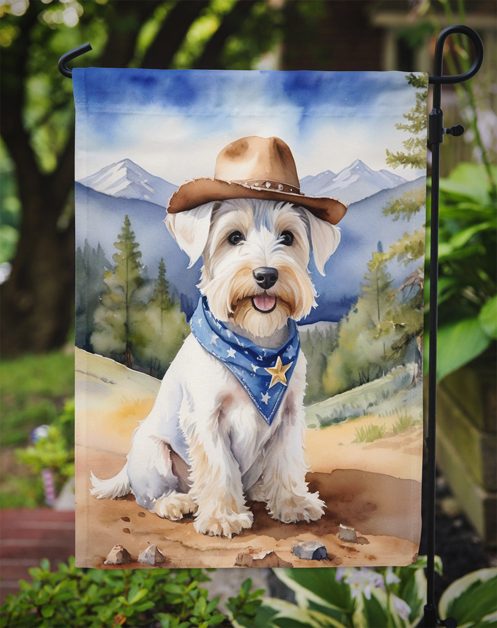 Sealyham Terrier Cowboy Welcome Garden Flag – Western Dog Yard Decor with Mountain Landscape