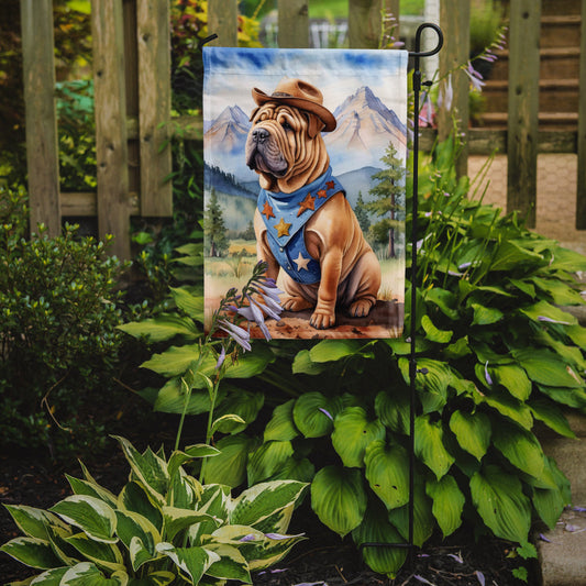 Shar Pei Cowboy Welcome Garden Flag – Western Dog Yard Decor with Mountain Landscape