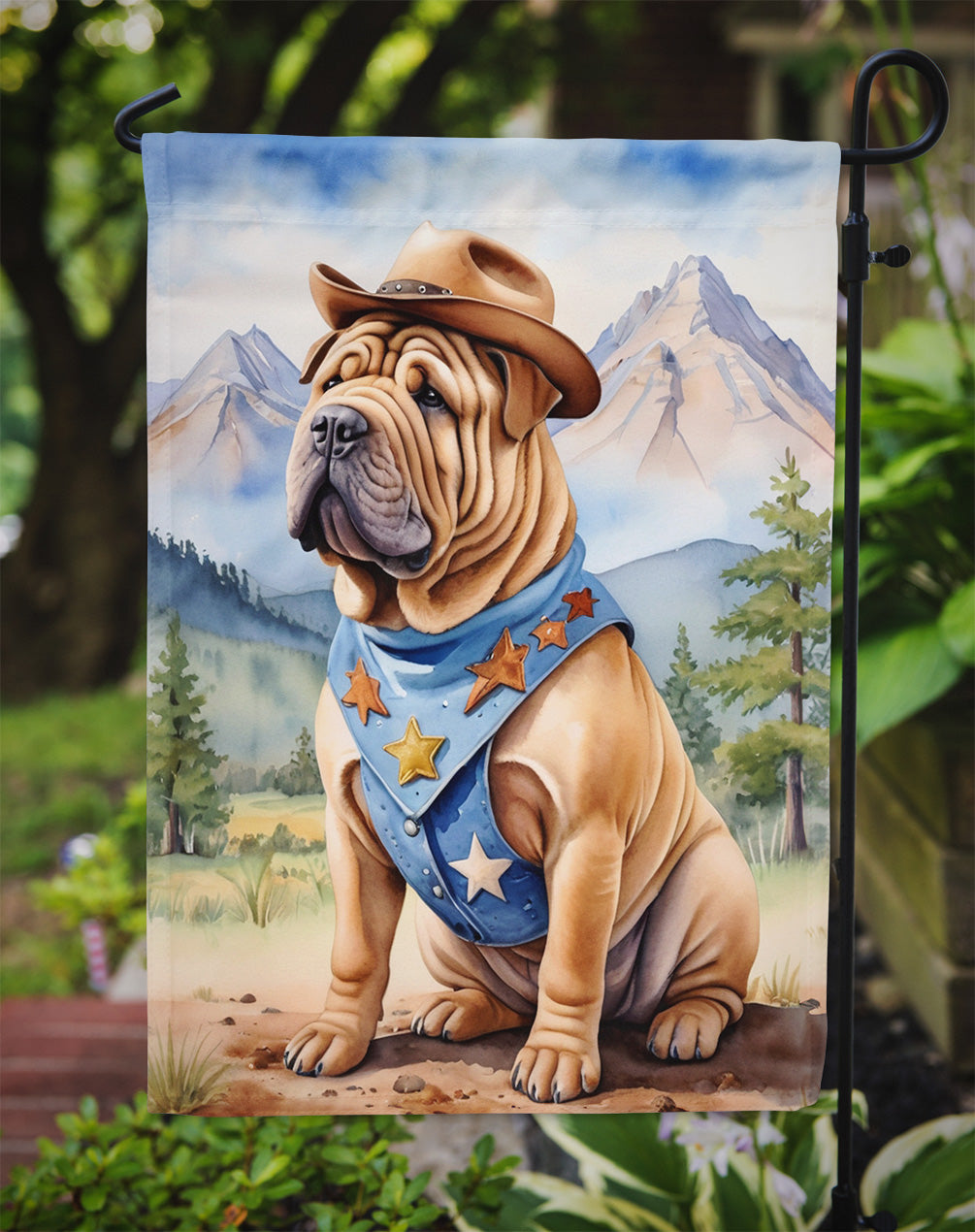 Shar Pei Cowboy Welcome Garden Flag – Western Dog Yard Decor with Mountain Landscape