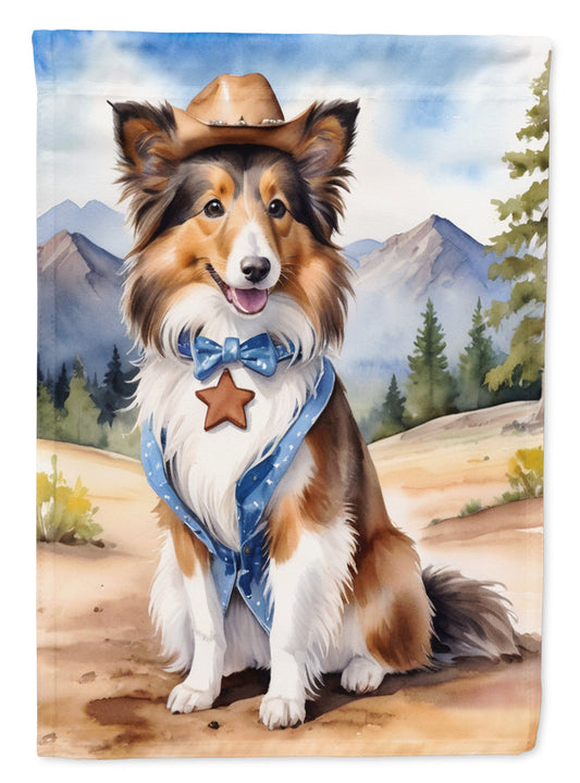 Sheltie Cowboy Welcome Garden Flag – Western Dog Yard Decor with Mountain Landscape