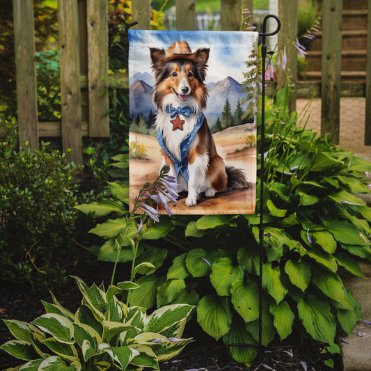 Sheltie Cowboy Welcome Garden Flag – Western Dog Yard Decor with Mountain Landscape