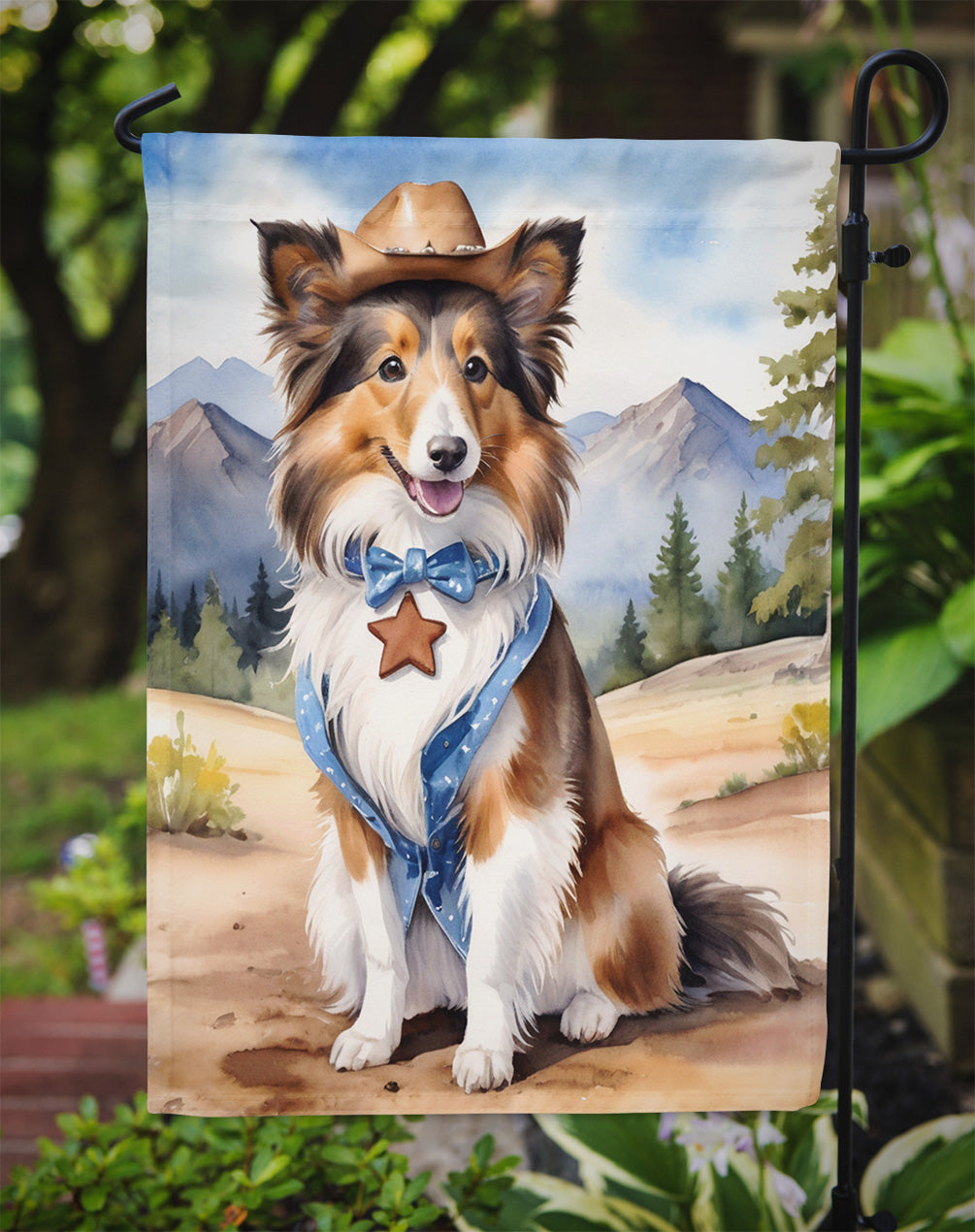 Sheltie Cowboy Welcome Garden Flag – Western Dog Yard Decor with Mountain Landscape