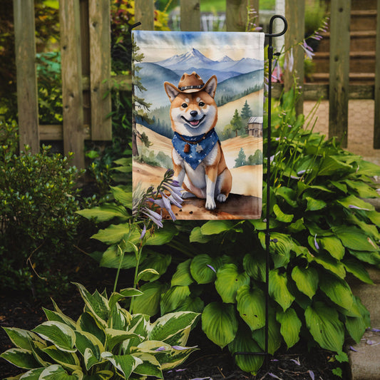 Shiba Inu Cowboy Welcome Garden Flag – Western Dog Yard Decor with Mountain Landscape