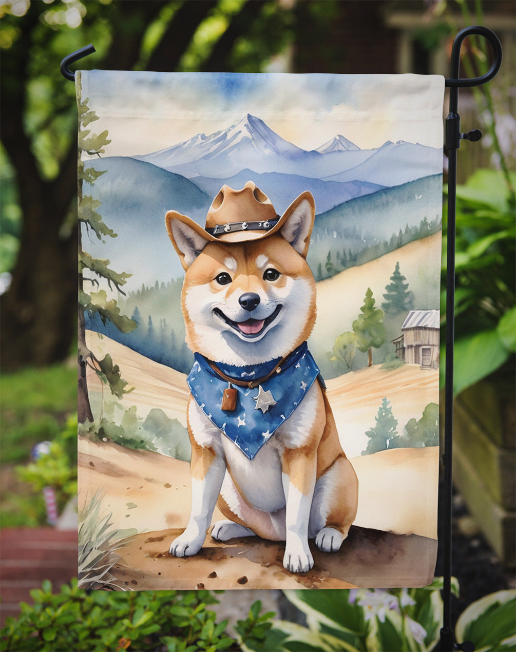 Shiba Inu Cowboy Welcome Garden Flag – Western Dog Yard Decor with Mountain Landscape