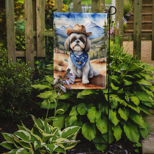 Shih Tzu Cowboy Welcome Garden Flag – Western Dog Yard Decor with Mountain Landscape