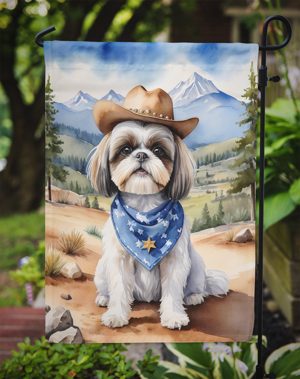 Shih Tzu Cowboy Welcome Garden Flag – Western Dog Yard Decor with Mountain Landscape