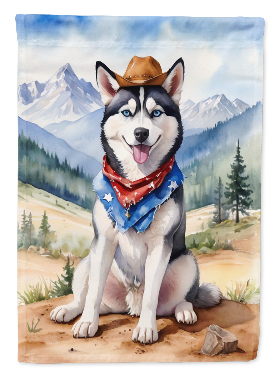 Siberian Husky Cowboy Welcome Garden Flag – Western Dog Yard Decor with Mountain Landscape