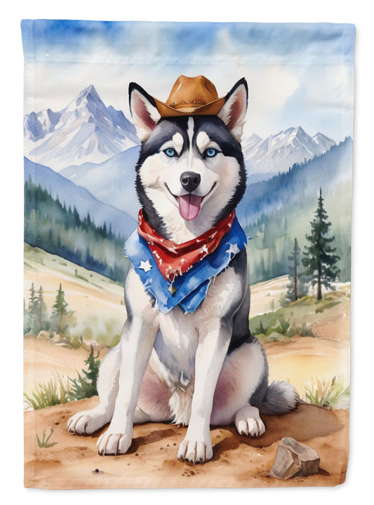 Siberian Husky Cowboy Welcome Garden Flag – Western Dog Yard Decor with Mountain Landscape