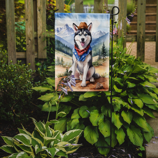 Siberian Husky Cowboy Welcome Garden Flag – Western Dog Yard Decor with Mountain Landscape