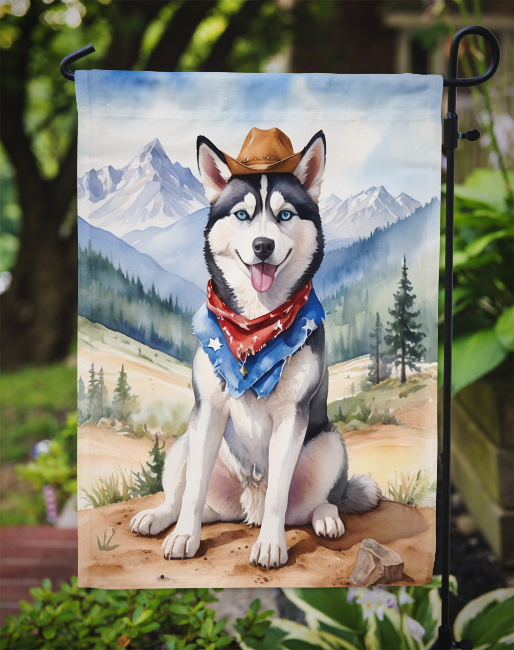 Siberian Husky Cowboy Welcome Garden Flag – Western Dog Yard Decor with Mountain Landscape
