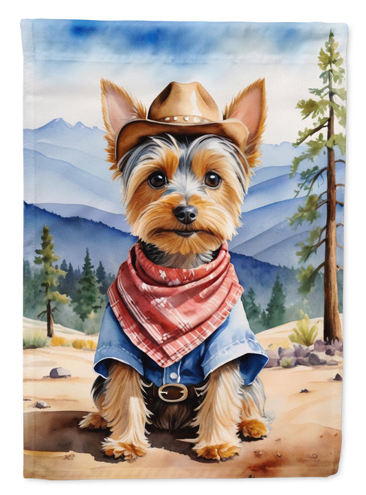 Silky Terrier Cowboy Welcome Garden Flag – Western Dog Yard Decor with Mountain Landscape