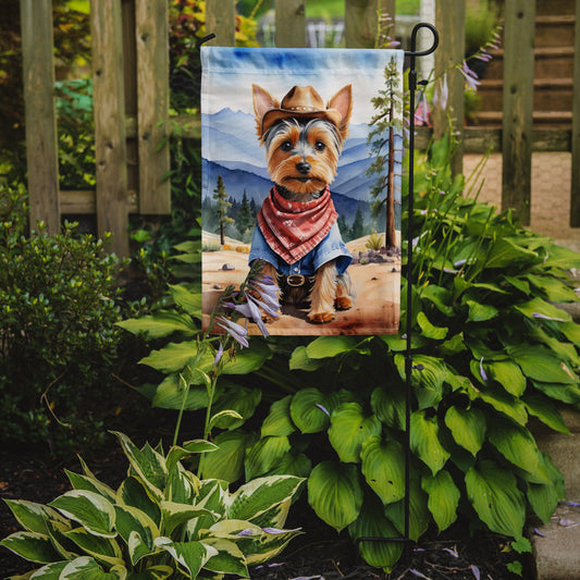 Silky Terrier Cowboy Welcome Garden Flag – Western Dog Yard Decor with Mountain Landscape