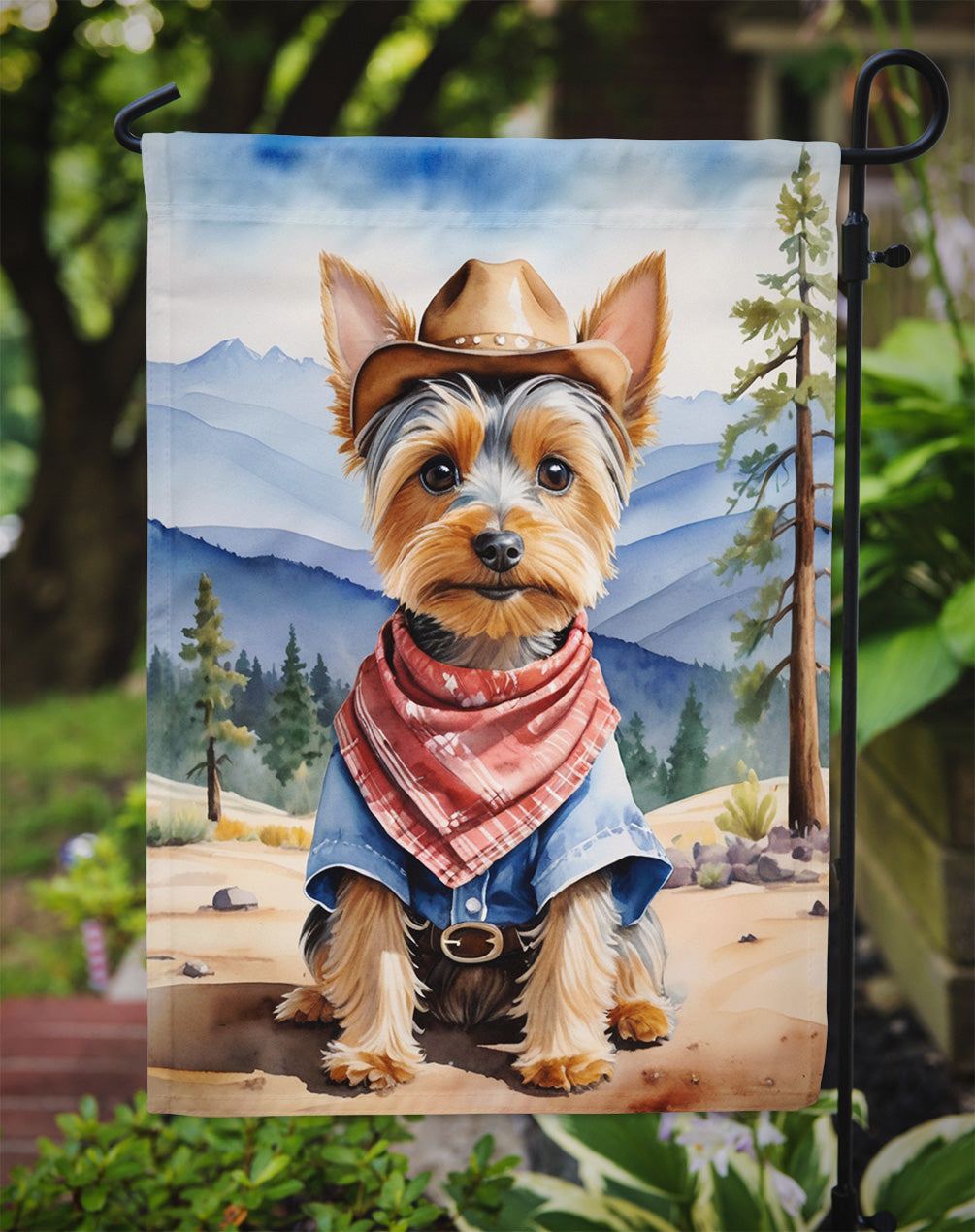 Silky Terrier Cowboy Welcome Garden Flag – Western Dog Yard Decor with Mountain Landscape