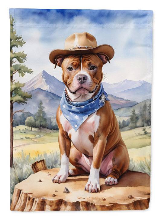 Staffordshire Bull Terrier Cowboy Welcome Garden Flag – Western Dog Yard Decor with Mountain Landscape