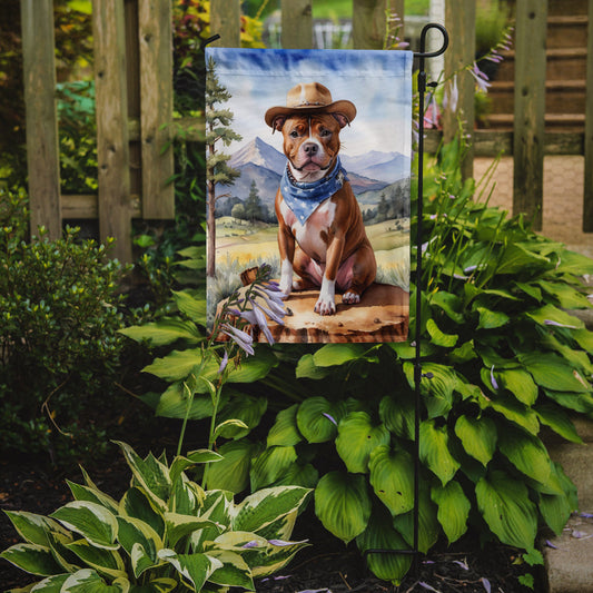 Staffordshire Bull Terrier Cowboy Welcome Garden Flag – Western Dog Yard Decor with Mountain Landscape