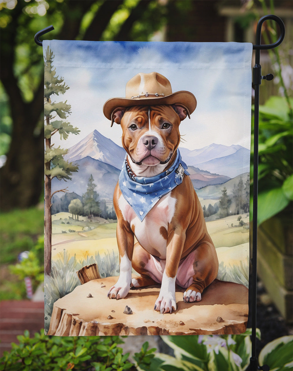 Staffordshire Bull Terrier Cowboy Welcome Garden Flag – Western Dog Yard Decor with Mountain Landscape