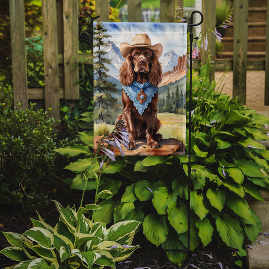 Sussex Spaniel Cowboy Welcome Garden Flag – Western Dog Yard Decor with Mountain Landscape