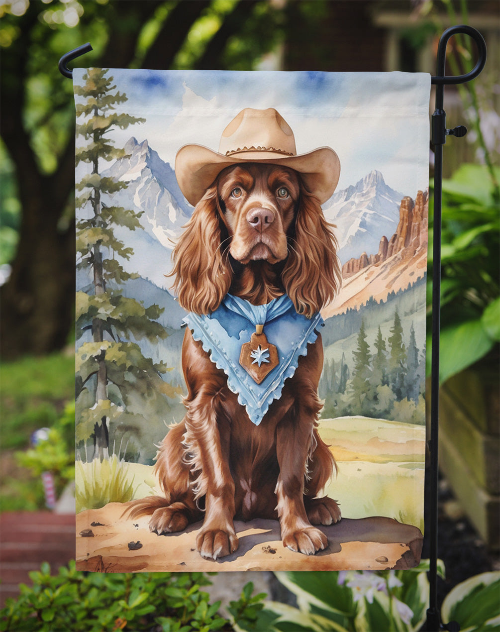 Sussex Spaniel Cowboy Welcome Garden Flag – Western Dog Yard Decor with Mountain Landscape