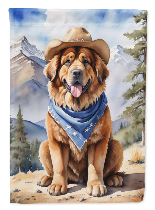 Tibetan Mastiff Cowboy Welcome Garden Flag – Western Dog Yard Decor with Mountain Landscape